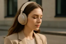 Stijlvol en draadloos luisteren met een beige koptelefoon die bij elke look past